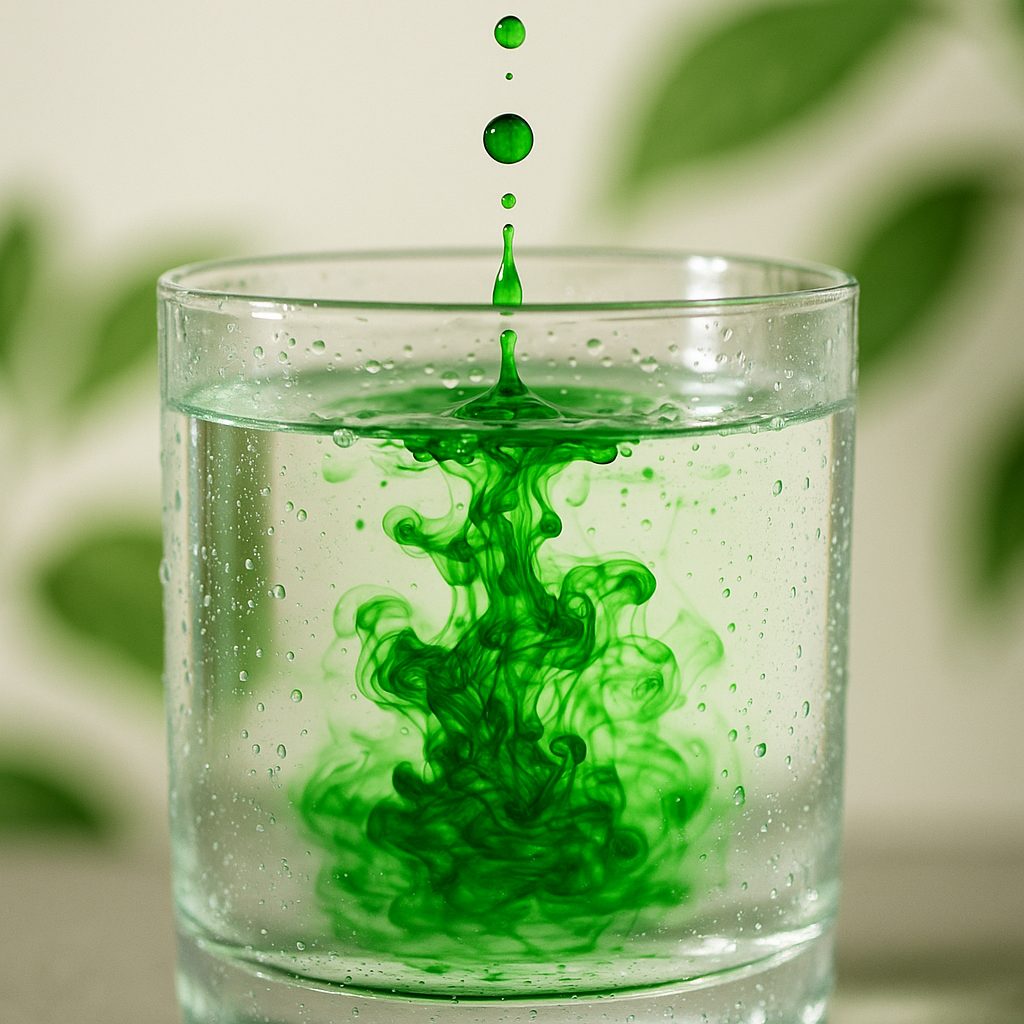 Gotas verdes cayendo en un vaso de agua