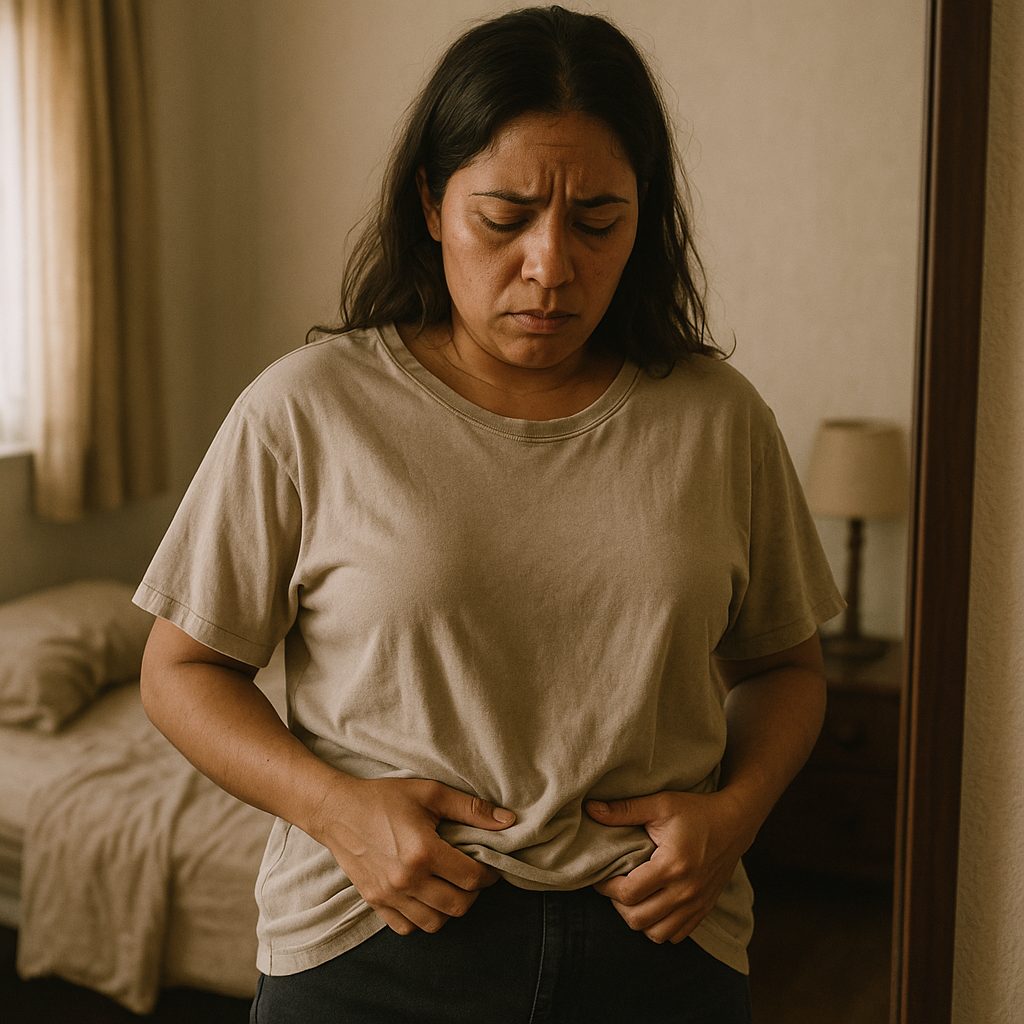 Mujer acomodando una camiseta holgada frente al espejo