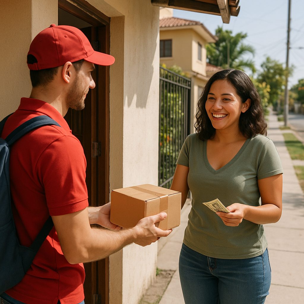 Mujer recibiendo su paquete en la puerta y pagando al repartidor