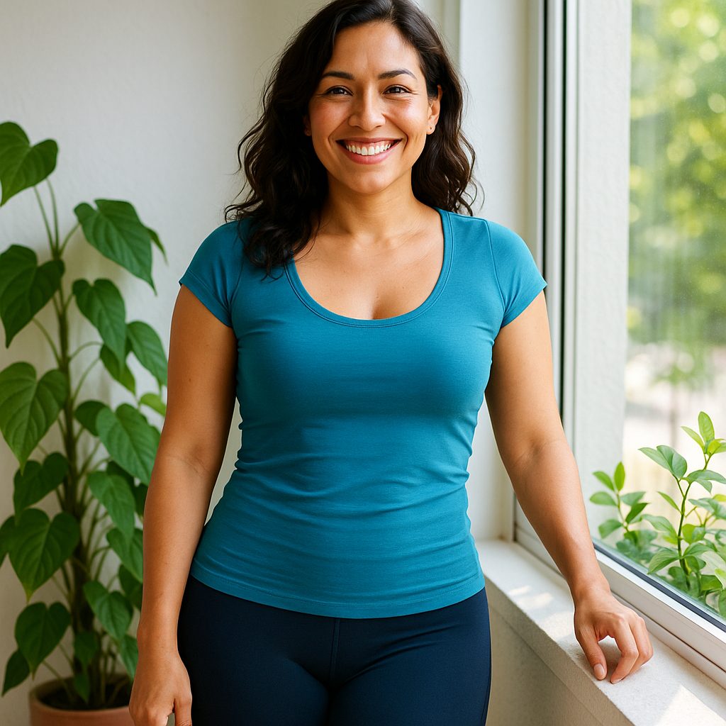 Mujer sonriendo con ropa ajustada junto a una ventana
